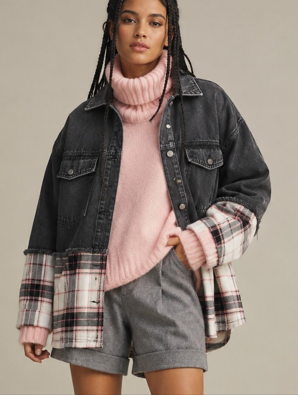 OVERSIZED DENIM PLAID FLANNEL HEAVYWEIGHT SHACKET JACKET LARGE